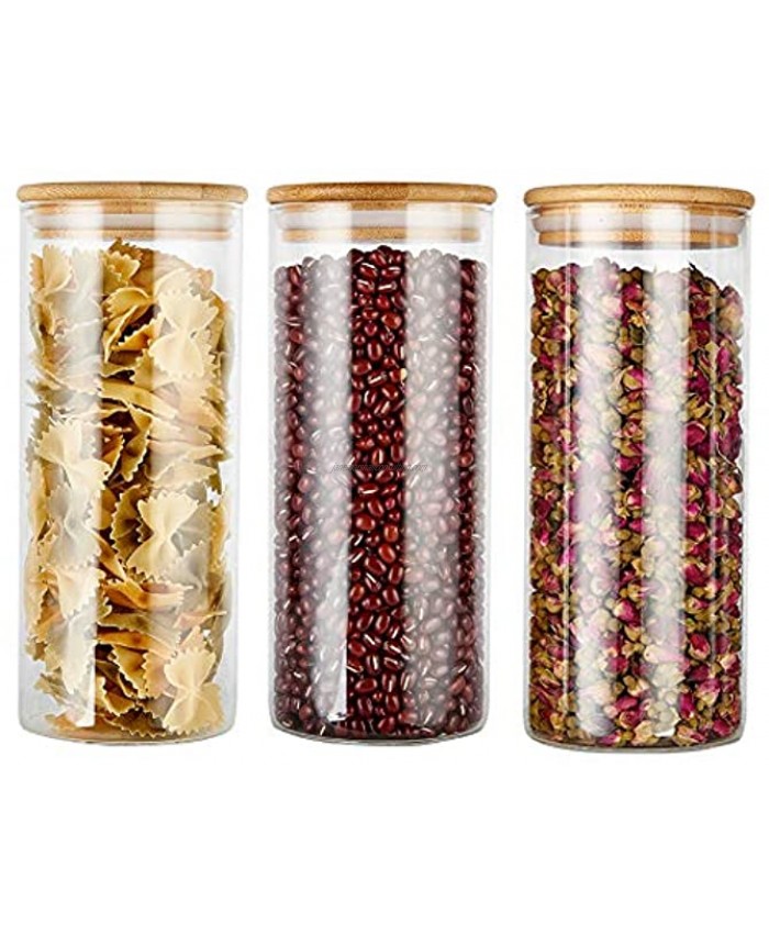 Glass Food Storage Jars Containers with Airtight Bamboo Lids Set of 3 Kitchen Glass Canisters For Coffee Flour Sugar Candy Cookie Spice and More,32.5 OZ 950 ML