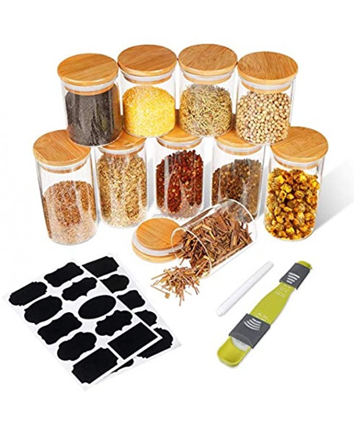 SAWAKE Glass Jars with Bamboo Lids 10oz + 6.7oz 10 Piece Airtight Canisters Set for Kitchen Pantry Organization Clear Glass Food Storage Containers for Tea Herbs Spice Salt