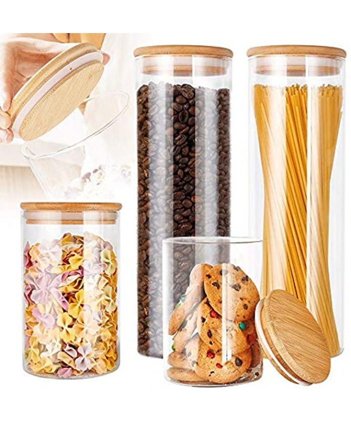 YEVIOR Glass Food Storage Jars Containers High Borosilicate Glass Food Storage Jar with Airtight Bamboo Lids Kitchen Clear Glass Canisters for Coffee Flour Sugar Candy Cookie Spice Set of 4