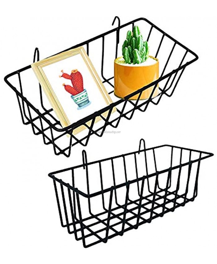 2 Pack Wall Grid Panel Hanging Wire Basket,Wall Grid Basket with Hook,Wall Storage and Display Basket,Wire Wall Baskets Shelves for Kitchen Bathroom Organizer,Home Decor,Black