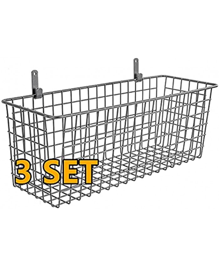 3 Set [Extra Large] Hanging Wall Basket for Storage Wall Mount Sturdy Steel Wire Baskets Metal Hang Cabinet Bin Wall Shelves Rustic Farmhouse Decor Kitchen Bathroom Organizer Industrial Gray