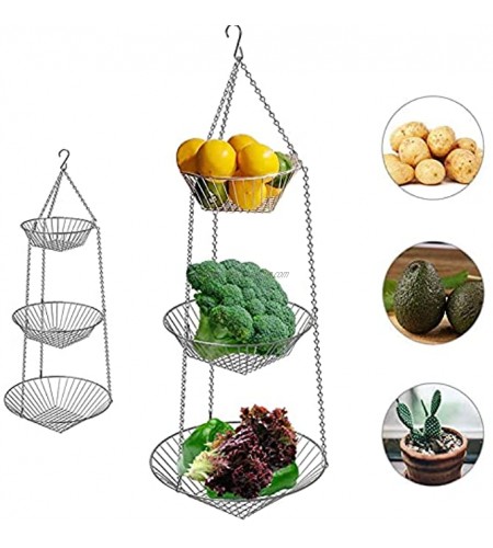 3 Tier Fruit Tray Basket Vegetable Kitchen Storage Basket Chain Hanging Space Saving Rustic Country Style Chicken Wire Fruits Produce Plants Storage Basket Silver
