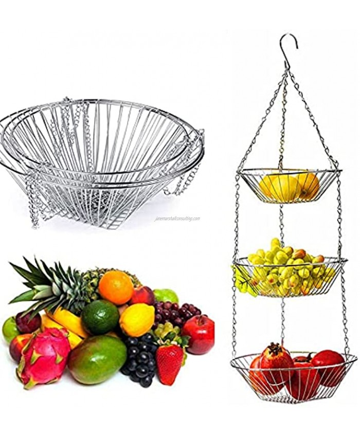 3 Tier Hanging Fruit Basket Kitchen Heavy Duty Fruit Storage Organizer Plant Holder Modern Country Style Home Decor Countertop Space Saver for Fruits or Vegetables Silver