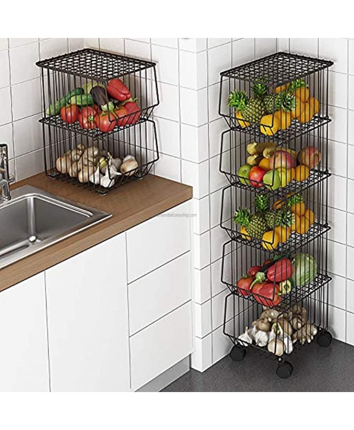 BENOSS Metal Wire Basket with Wheels and Cover Stackable Rolling Fruit Basket Storage Organizer with Casters Utility Rack for Kitchen Pantry Bathroom Laundry Room Garage 5 Layer Baskets