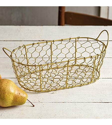 Colonial Tin Works Oval Chicken Wire Basket Small Decorative Farmhouse Centerpieces Bathroom Storage Organizer Metal Bin with Handles for Kitchen Cabinets Pantry Laundry Room Gold