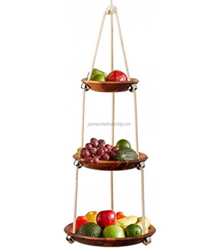 Hanging Fruit Basket 3 Tier Acacia Wood Kitchen Storage Organizer Countertop Space Saver Heavy Duty Cotton Rope Adjustable in Height