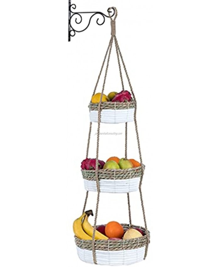 Hanging Fruit Basket 3 Tier With Hook Seagrass Hanging Baskets For Kitchen Hanging Produce Basket Hanging Vegetable Baskets For Kitchen Hanging Kitchen Basket For Storage Macrame Woven Boho Decor