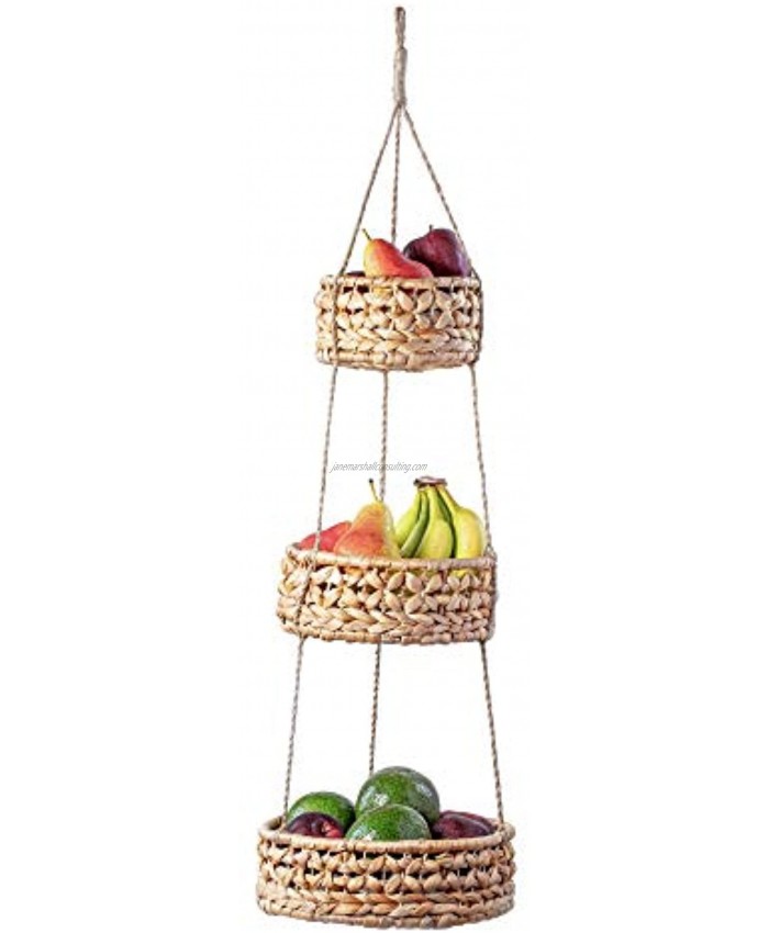 Hanging Fruit Basket 3 Tier Woven Wicker Seagrass Wall Baskets Boho Kitchen Storage Produce Vegetable Countertop Organizer Handmade Natural Modern Room Home Decor Plant Holder Counter Space Saver