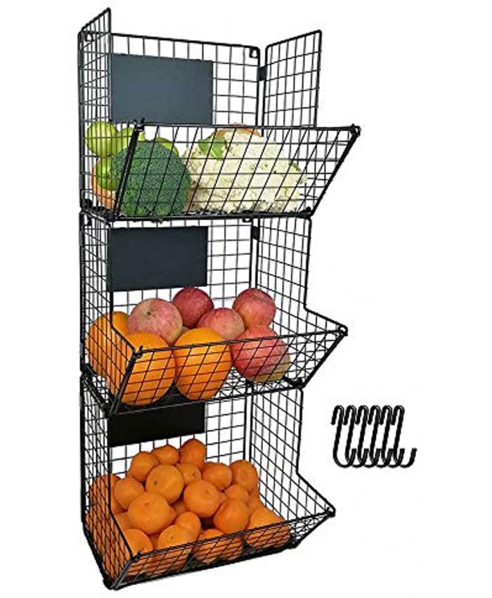 HLTOP Wall Mounted Collapsible Kitchen Storage Bins 3 Tier MetalWire Fruit Produce Storage Basket Organizer with Hanging S-Hooks and Adjustable Chalkboards,Multipurpose Bathroom Rack StandBlack