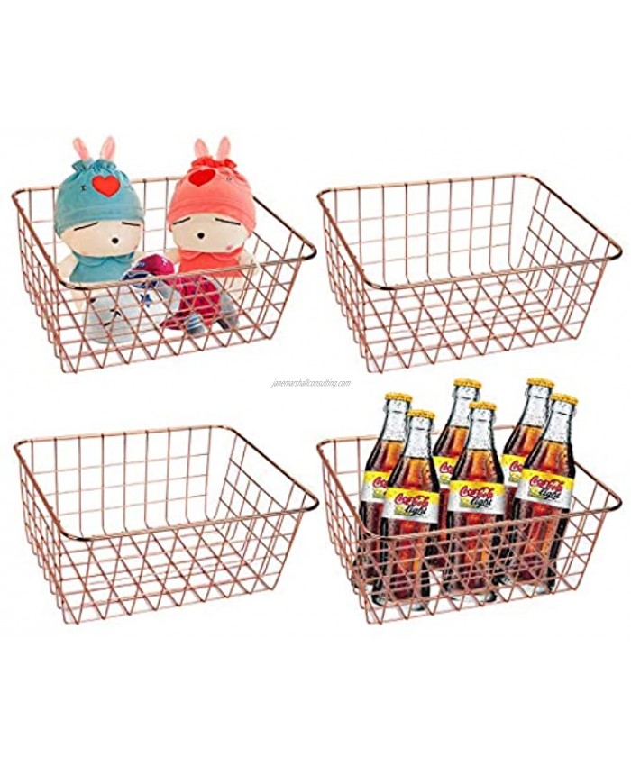 Jucoan 4 Pack Metal Wire Storage Baskets Rose Gold Wire Baskets with Handles Pantry Organizer Storage Bins for Kitchen Pantry Closet Laundry Room Cabinets Garage