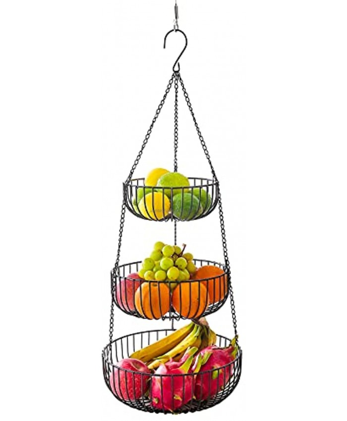 Large Size 3 Tier Hanging Basket Rustic Country Style Fruit and Vegetable Baskets Space Saving Kitchen Storage Baskets Heavy Duty Wire Chain Organizer