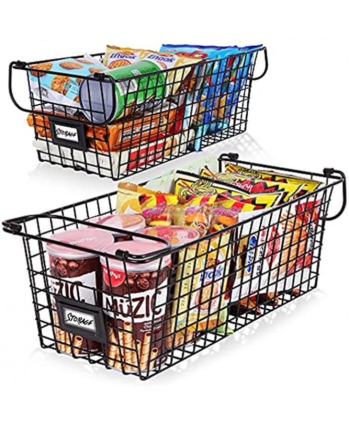 Pantry Organization and Storage With Handles,Pantry Baskets Set Of 2,Pantry Storage Bins,Wire Baskets For Kitchen Organization Metal Basket Chip Storage Stackable Containers