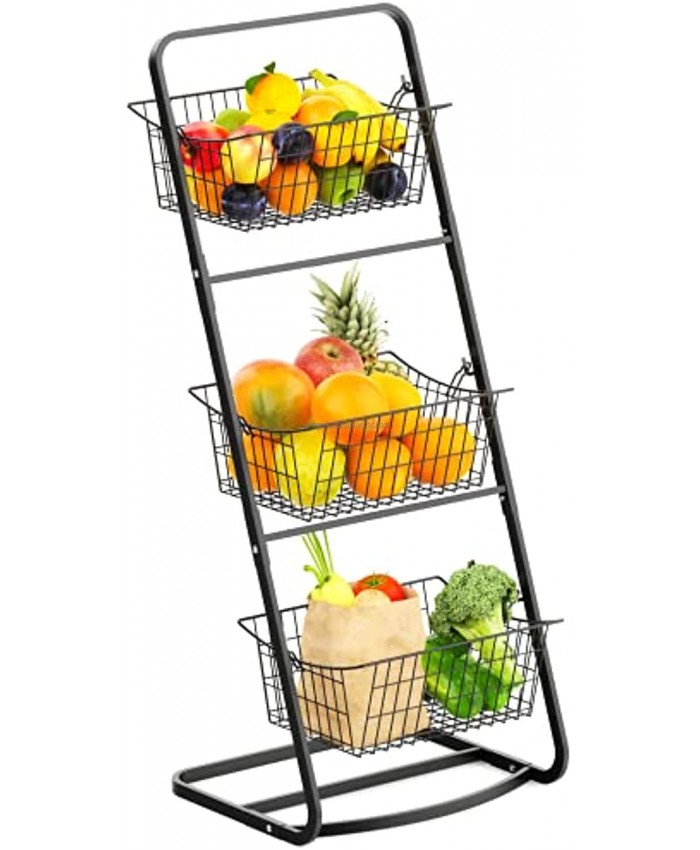 Wire Market Basket Stand Warmfill 3 Tier Fruit Basket Stand with Removable Wire Baskets for Fruit Vegetables Potatoes Onions Vertical Stand Metal Storage Basket for Kitchen Bathroom Pantry Black