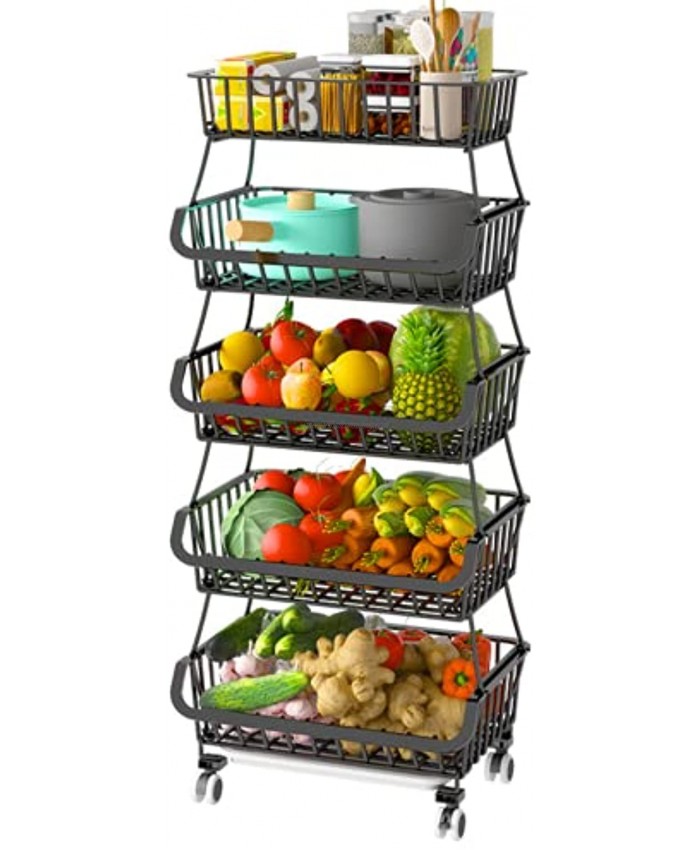 YQMM 5 Tier Fruit Basket Stand Fruit and Vegetable Storage Cart Wire Storage Basket with Wheels Metal Stackable Snack Organizer Potatoes Onions Produce Storage Bins Rack for Kitchen Pantry