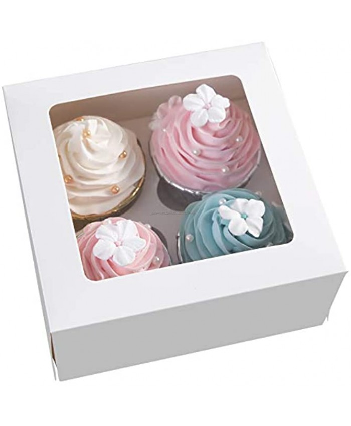 [15pcs]White Paper Cupcake Boxes,Valentines Day Cookie Gift Boxes with Clear Window Auto-Popup Cupcake Containers Carriers Bakery Cake Box with Insert 4 Cavity White,15