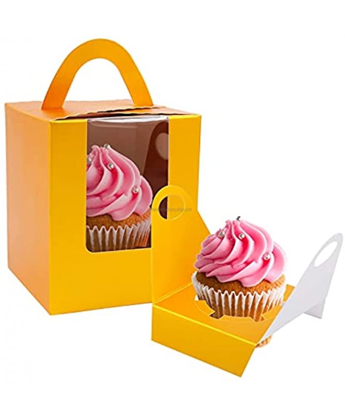 NPLUX Cupcake Boxes,50pcs Single Cupcake Carrier with Window Inserts for Bakery Wrapping（Gold）