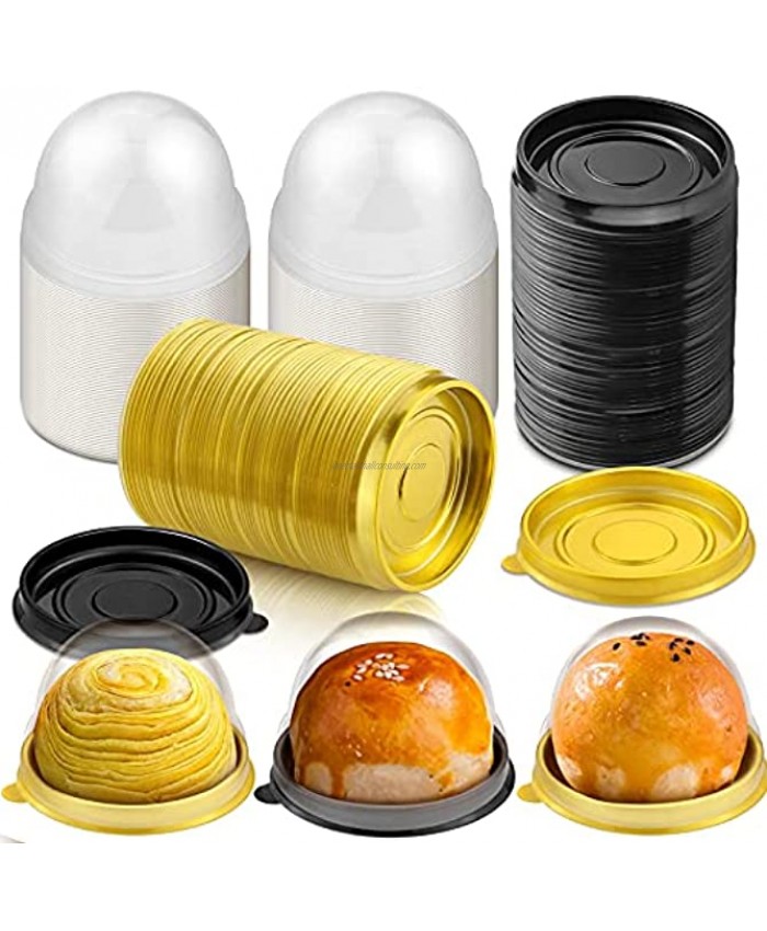 Pralb 120 Set Clear Plastic Mini Cupcake Boxes Muffin Pod Dome Muffin Single Container Box Wedding Birthday Gifts Supplies,70mm X 45mmDia X H,for Cheese Pastry Dessert Mooncake60 Gold 60 Black