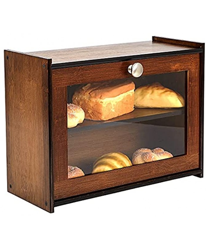 Bamboo Bread Box 2 layer with Clear Front Window Rustic Farmhouse Bread Storage Box for Kitchen Countertop Adjustable Space Size Bread Bin Large Capacity Airtight Retro Brown Self-Assemble