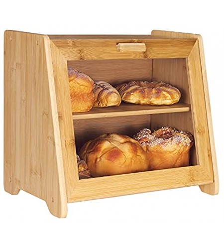 Bamboo Bread Box for Kitchen Countertop ANMEISH 2 Layer Extra Large Wood Bread Boxes for Kitchen Counter with Acrylic Clear Window and Adjustable Shelf Self-Assembly