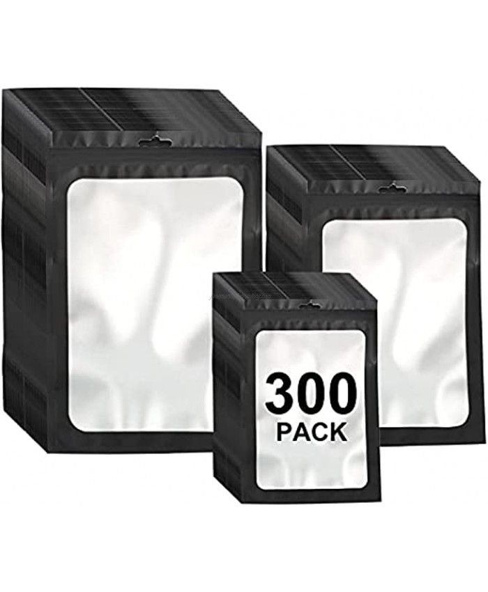 300 Pack 3 Sizes Resealable Mylar Bags Food Storage Smell Proof Bags with Front Window Packaging Pouch for Sample Snack Cookies Jewelry Black 3 x 4.7 inch,4 x 6 inch,4.7 x 7.9 inch