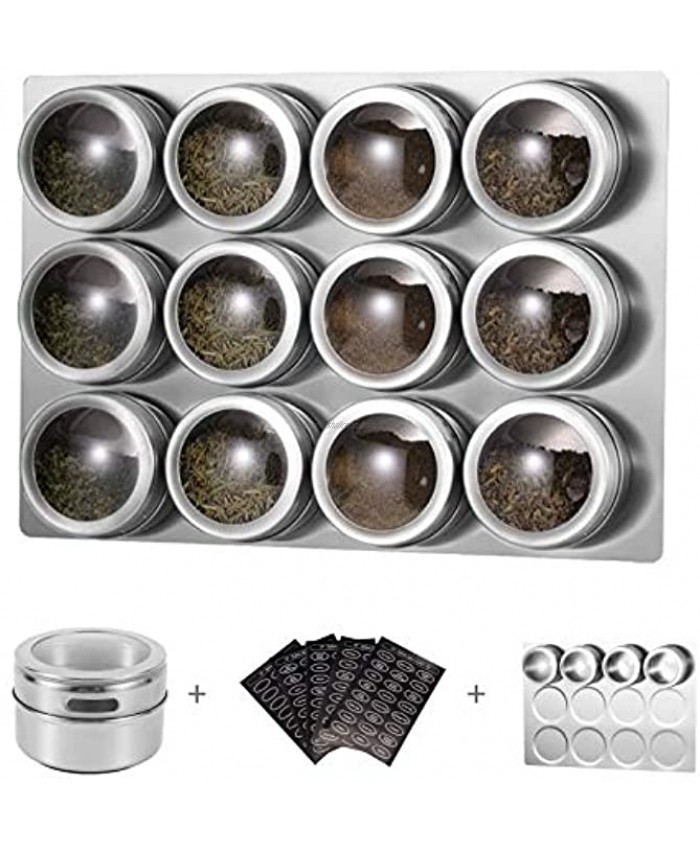 HEFANTU 12 Magnetic Spice Tins with Spice Racks Wall Mount & 120 Spice Labels Storage Magnet Spice Containers Clear Lid with Sift and PourSpices Not Includedsilver