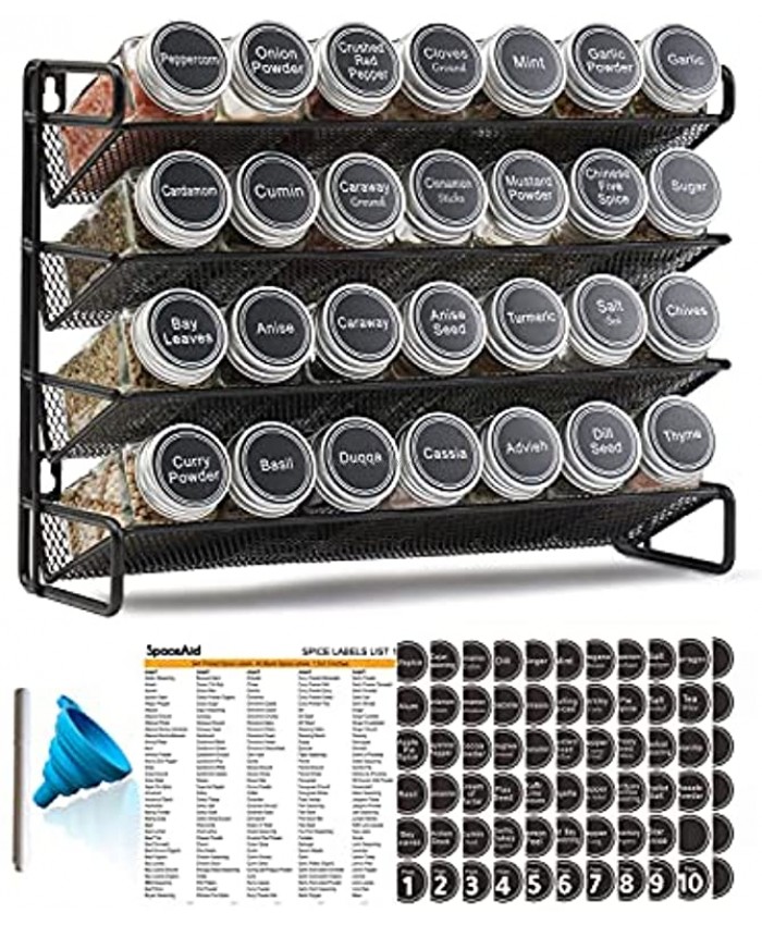SpaceAid 4 Tier Spice Rack Organizer with 28 Glass Spice Jars 4oz 386 Spice Labels Chalk Marker and Funnel Set for Cabinet Pantry Cupboard Door Countertop or Wall Mount Black