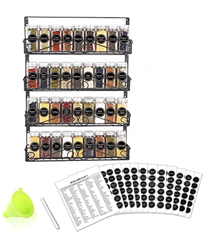 SWOMMOLY 4 Tier Wall Mount Spice Rack Organizer with 36 Spice Jars 396 Spice Labels Chalk Marker and Funnel Complete Set. Stackable Foldable Hanging Spice Shelf Storage Racks.
