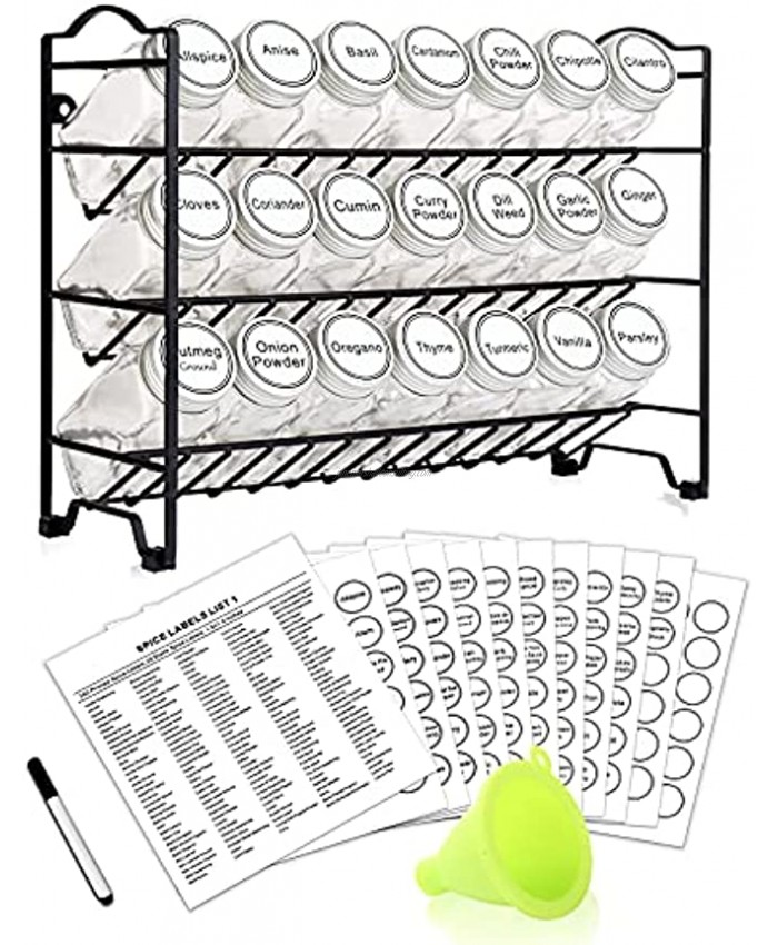 SWOMMOLY Spice Rack Organizer with 21 Empty Square Glass Spice Jars 386 White Spice Labels with Chalk Marker and Funnel Complete Set Seasoning Organizer for Countertop Cabinet or Wall Mount