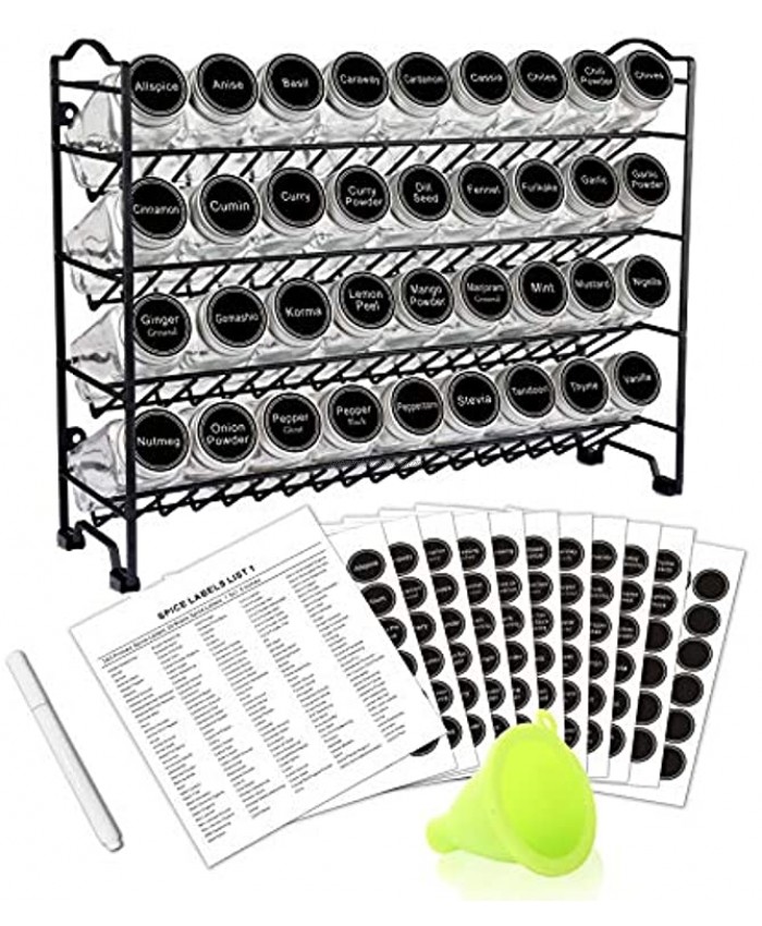 SWOMMOLY Spice Rack Organizer with 36 Empty Square Spice Jars 396 Spice Labels with Chalk Marker and Funnel Complete Set for Countertop Cabinet or Wall Mount