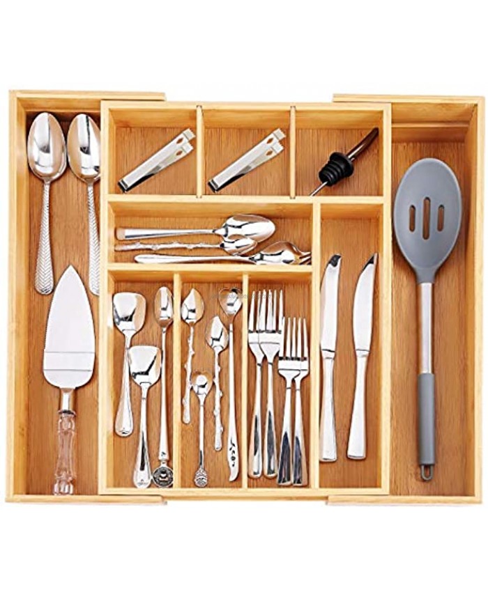 Bamboo Expandable Drawer Organizer Adjustable Kitchen Drawer Organizer | Silverware Organizer with Removable Dividers Cutlery Tray for Silverware Flatware Knives 10 Slots
