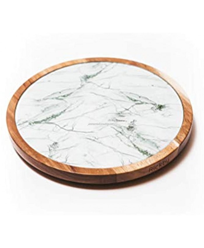 Lazy Susan Turntable 2in1 Acacia Wood and Removable Glass Plate with White & Gray Marble Texture 12 inch