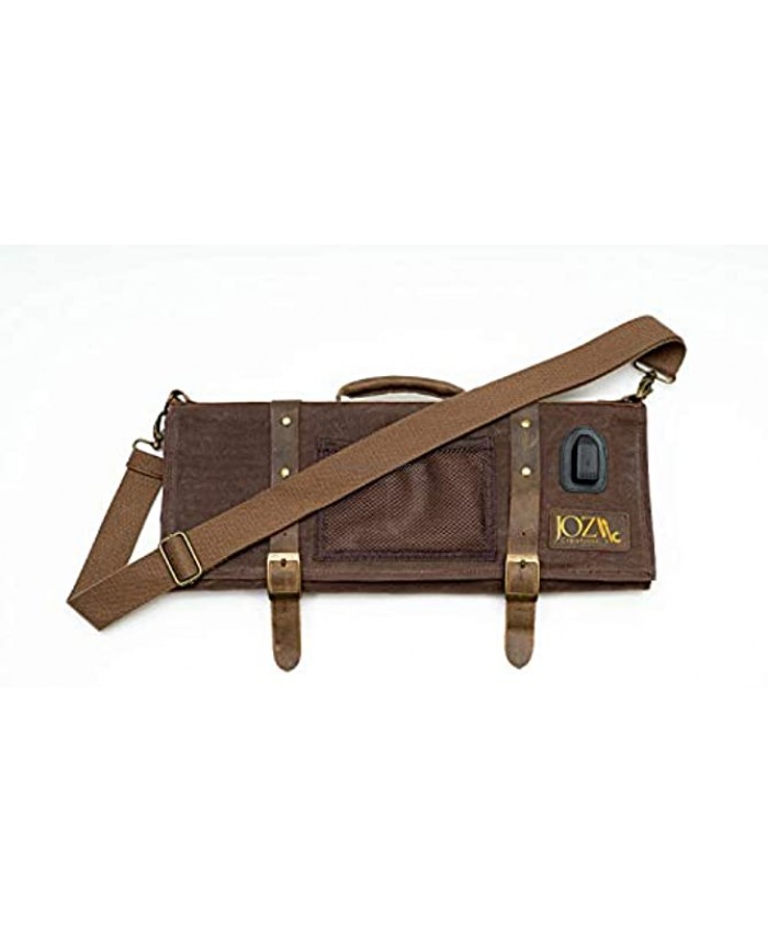 Chef Knife Roll Bag Waxed Canvas Genuine Leather USB | Amazing Gift for Tech Savvy Executive Chefs & Culinary Students Brown Culinary graduation gift | JOZ Creations LLC knife bag with USB port