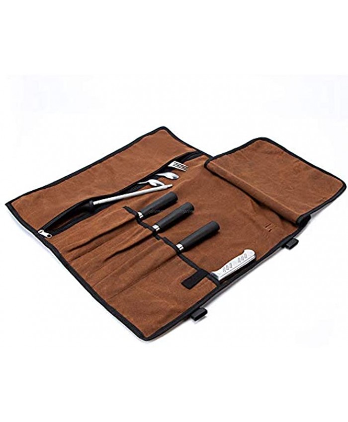 Chef’s Knife Roll 5 Pockets Knife Bag,Waxed Canvas Roll Up Culinary Bag,Professional Cutlery Storage Case Portable Knife Tool Roll Bag Multi-Purpose Knife Cover For Cooking Camping Brown
