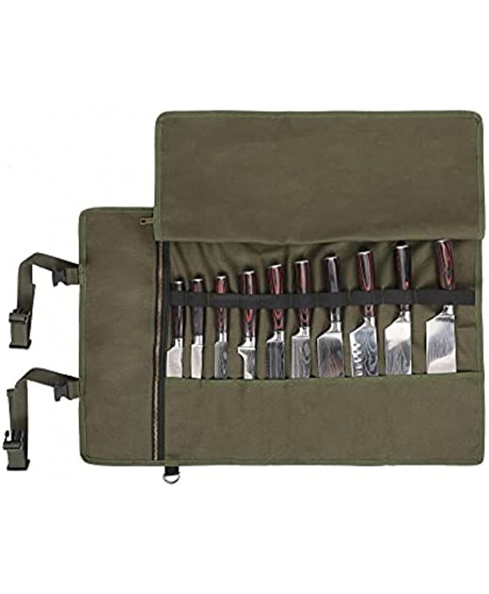 Heavy Duty 16 OZ Waxed Canvas Knife Roll Case With 11 Pockets Easily Carried With Shoulder Strap