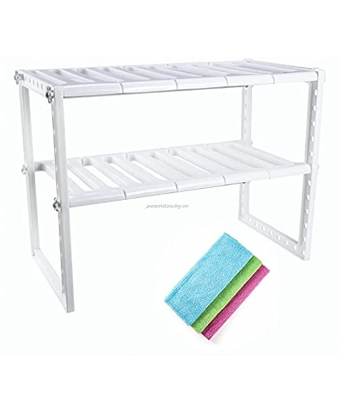 Expandable Under Sink Organizer Adjustable Shelf and Storage 2-Tier Adjustable Storage Shelves with 10 Removable Panels for Kitchen Bathroom and Garden Storage with 3 Pcs Dish Clothes White