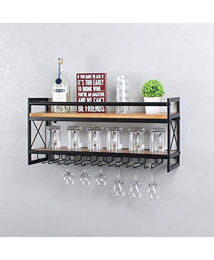 OISSIO Industrial Stemware Rack Wall Mounted,Wine Rack with Wood Shelves,2 Tier Stemware Storage with 7 Stem Glass Holder for Wine Glasses,Mugs,Home Decor,Black30 inch