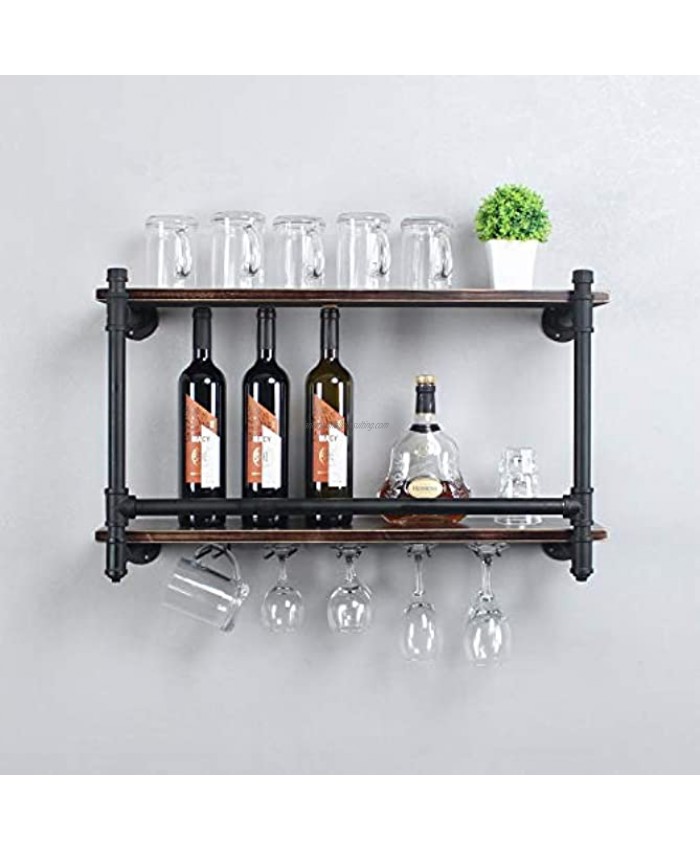 Industrial 30 Wall Mounted Wine Racks with 5 Stem Glass Holders for Wine Glasses,2-Tier Storage Wood Shelf,Mugs Rack,Bottle & Glass Holder,Wine Storage Display Rack,Home Décor,Retro BlackStyle A