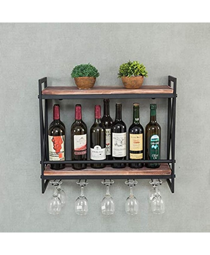 Industrial Wall Mounted Wine Racks,Rustic Metal Hanging Wine Holder Wine Accessories,2-Tiers Wall Mount Bottle Holder Glass Rack,Wood Shelves Wall Shelf with 10 Wine Glass Holder