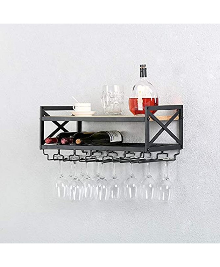 Industrial Wine Racks Wall Mounted with 6 Stem Glass Holder,24in Rustic Metal Hanging Wine Holder Wine Accessories,2-Tiers Wall Mount Bottle Holder Glass Rack,Wood Shelves Wall Shelf