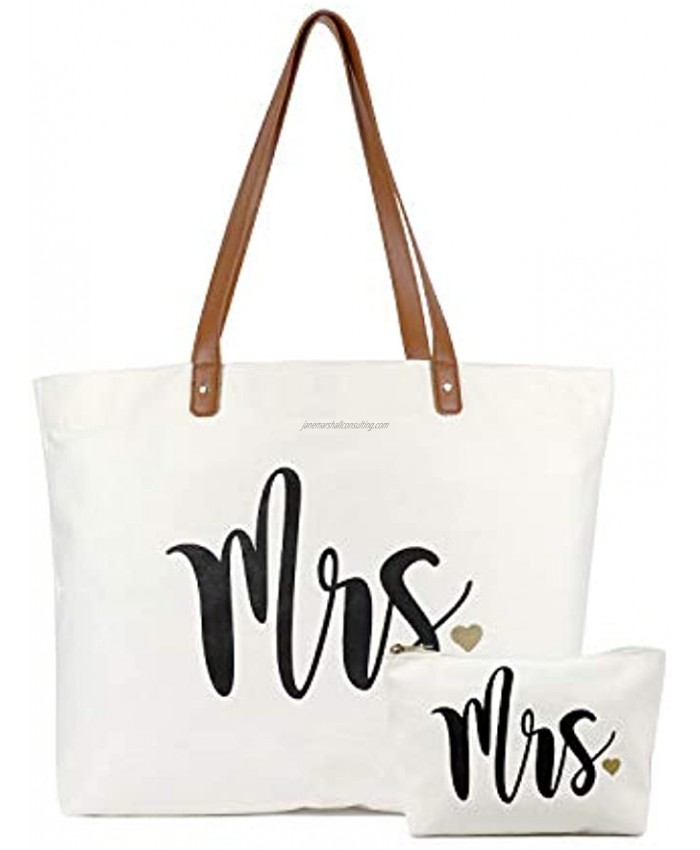 Bride Tote Bag with Makeup Bag Gifts for Engagement Bridal Shower Bachelorette Wedding Party Canvas White