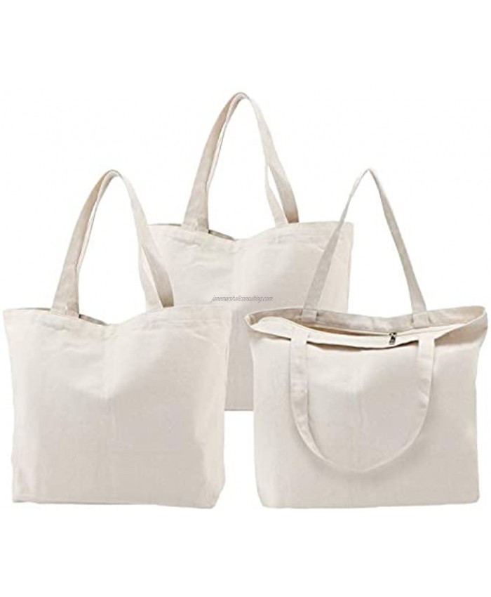 Tote Bags with Zipper 3PCS Segarty 16.5x13 inch Natural Heavy DIY Tote for Crafting Ironing and Embroidering White Canvas Tote Reusable Grocery Shopping Bag