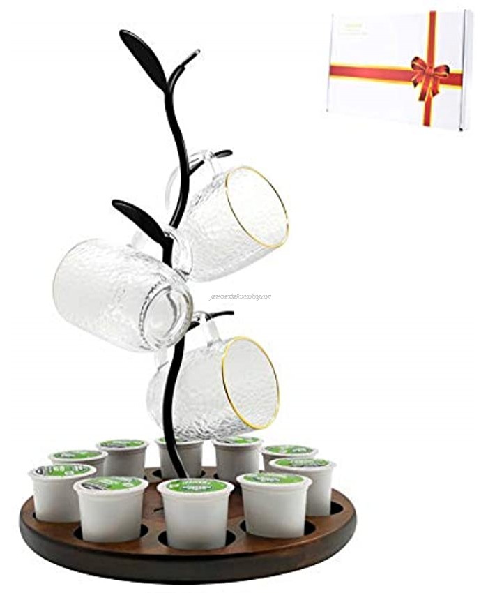 Coffee Mug Tree and K Cup Holder Coffee Cup Holder for Counter Coffee Pod Holder with MugStorage Rack Coffee Bar Decor Accessory & Kitchen Organizer Wood and Metal,Black