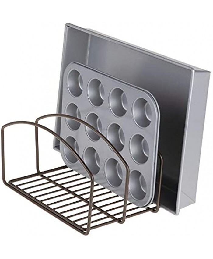 mDesign Metal Wire Cookware Organizer Rack for Kitchen Cabinet Pantry and Shelves Organizer Holder with Three Slots for Cookie Trays Muffin Tins Bread Pans Cutting Boards Bronze