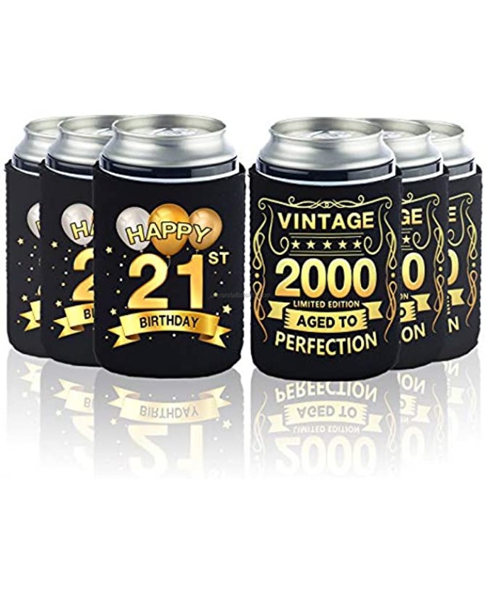 Greatingreat 21st Birthday Can Cooler Sleeves Pack of 12-21st Anniversary Decorations- Vintage 2000-21st Birthday Party Supplies Black and Gold Twenty-First Birthday Cup Coolers