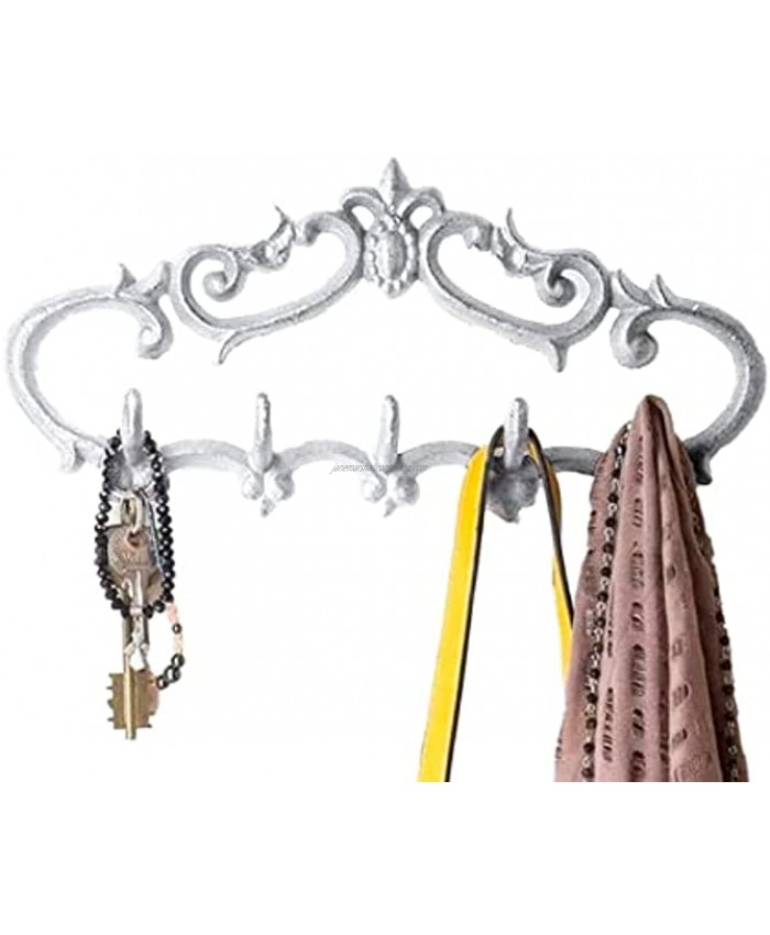 Cast Iron Wall Hanger – Vintage Design with 5 Hooks Keys Towels etc Wall Mounted Metal Heavy Duty Rustic Vintage Decorative Gift Idea 12.6x5.9” White