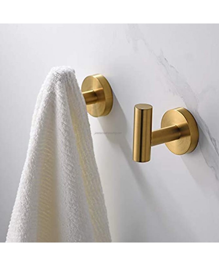 Rainovo Bathroom Towel Hook Shower Hook Wall Mounted SUS 304 Stainless Steel Modern Hand Towel Hook Brushed Gold Robe Coat Clothes Hook Round for Kitchen Garage Hotel,2 Pack.