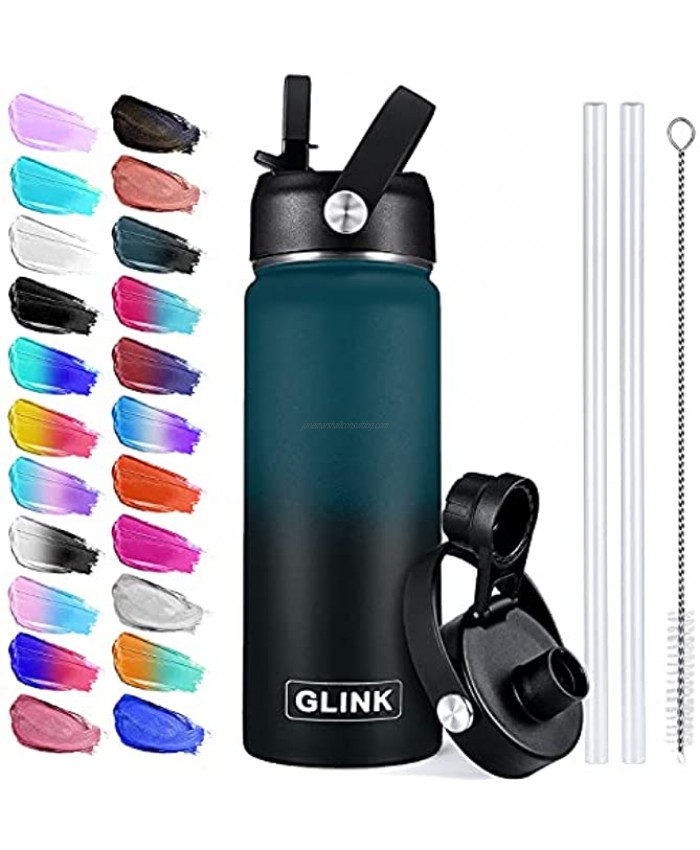 Glink Stainless Steel Water Bottle with Straw 18-40 oz Wide Mouth Double Wall Vacuum Insulated Water Bottle Leakproof Straw Lid and Spout Lid with New Rotating Rubber Handle