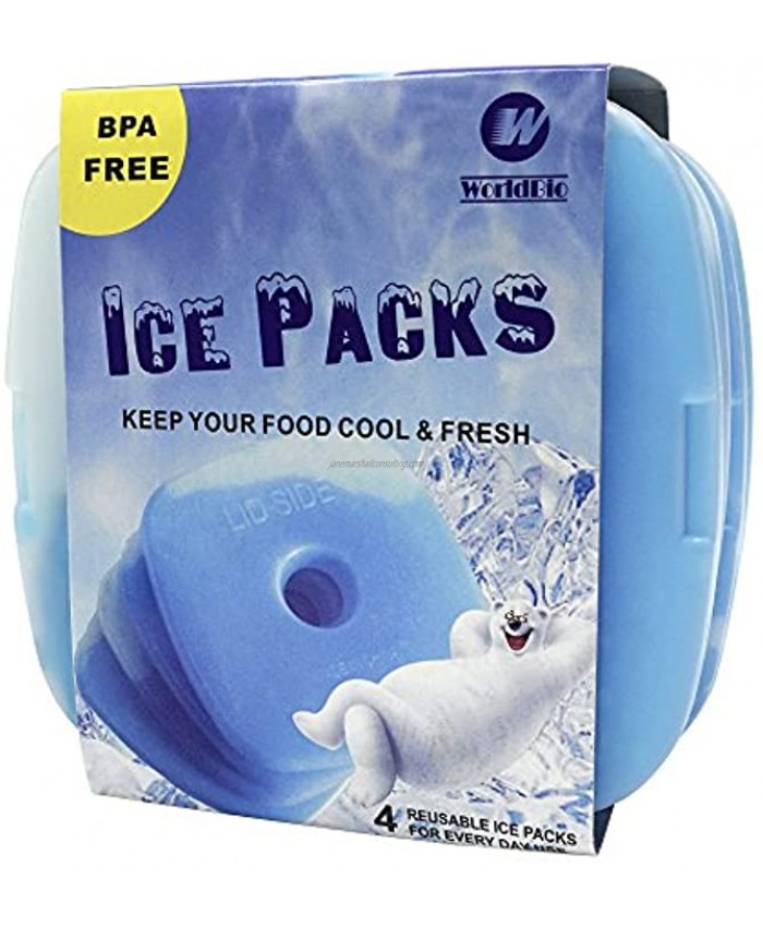 WORLD-BIO Ice Freezer Packs for Lunch Box Cooler Reusable Cool Refreeze Blocks for Lunch Bags Keeps Food Cold & Fresh Great for Kids School Lunch Boxes Office Picnic Lunch Set of 4 Blue