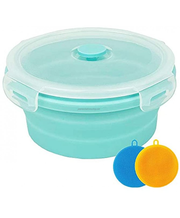 Collapsible Bowl Silicone Collapsible Container Food Storage Containers Collapsible Camping Bowl for Travel Camping Hiking with Airtight Plastic Lids and 2Pack Silicone Dish Sponges- Blue 1200ml